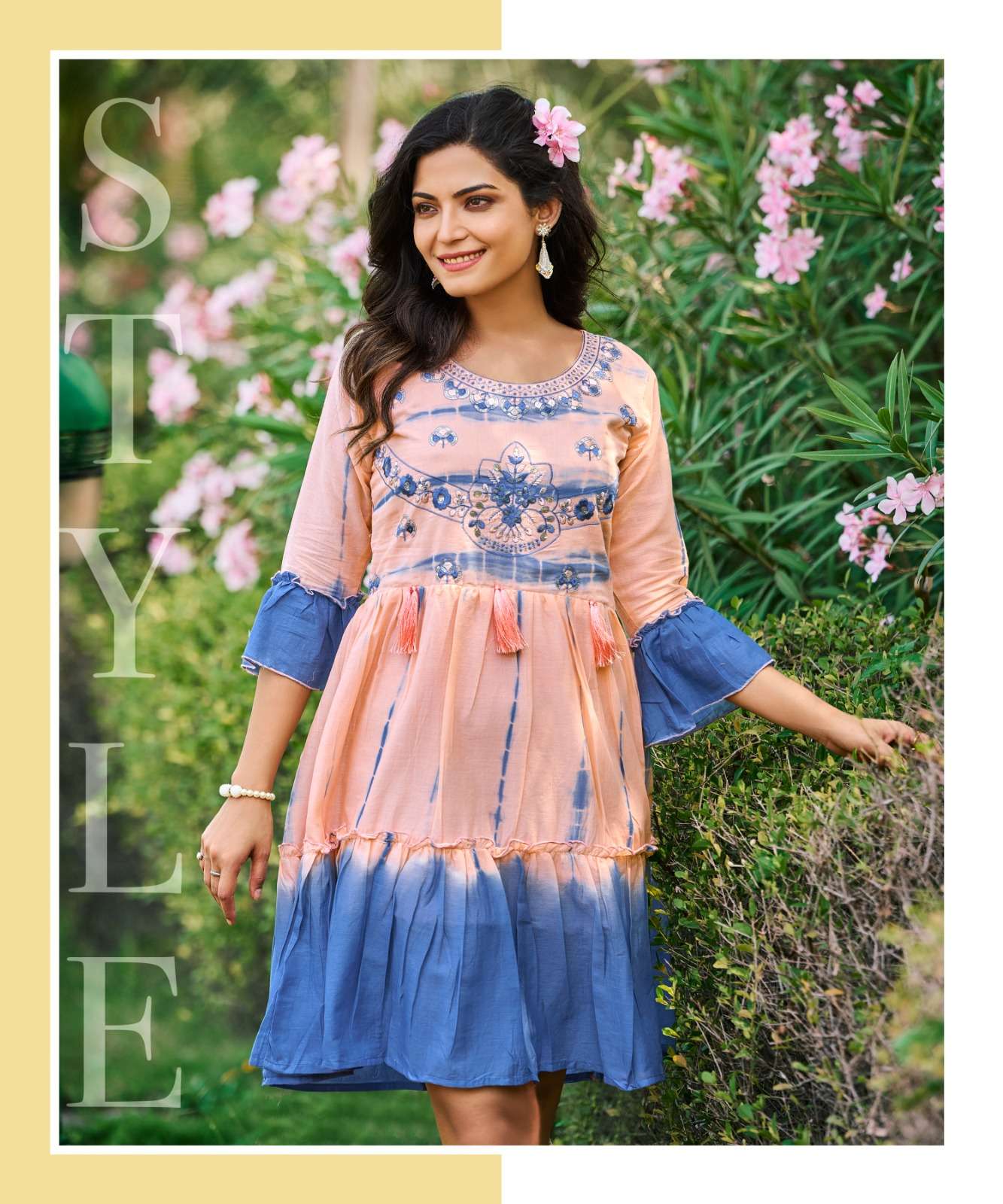 RICHGIRL MULL COTTON SEQUENCE, EMBROIDERY AND HANDWORK FANCY TUNICS WITH SHADES OF SHIBORI PRINT BY RANGJYOT BRAND 1002 (2)